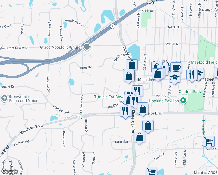 map of restaurants, bars, coffee shops, grocery stores, and more near 11832 Crawford Road West in Hopkins