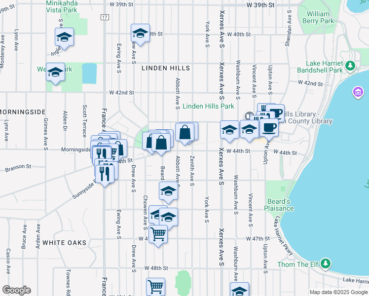 map of restaurants, bars, coffee shops, grocery stores, and more near 3322 West 44th Street in Minneapolis