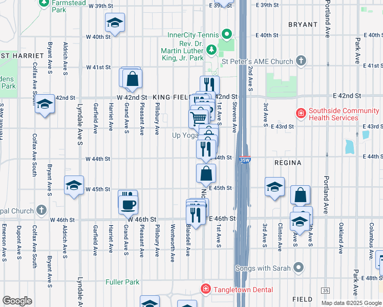 map of restaurants, bars, coffee shops, grocery stores, and more near 4351 Blaisdell Avenue in Minneapolis