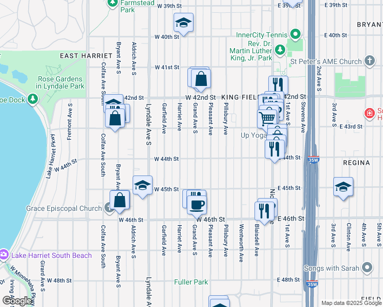 map of restaurants, bars, coffee shops, grocery stores, and more near 4350 Grand Avenue South in Minneapolis