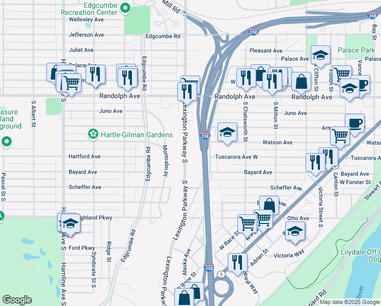 map of restaurants, bars, coffee shops, grocery stores, and more near 590 Lexington Parkway South in Saint Paul