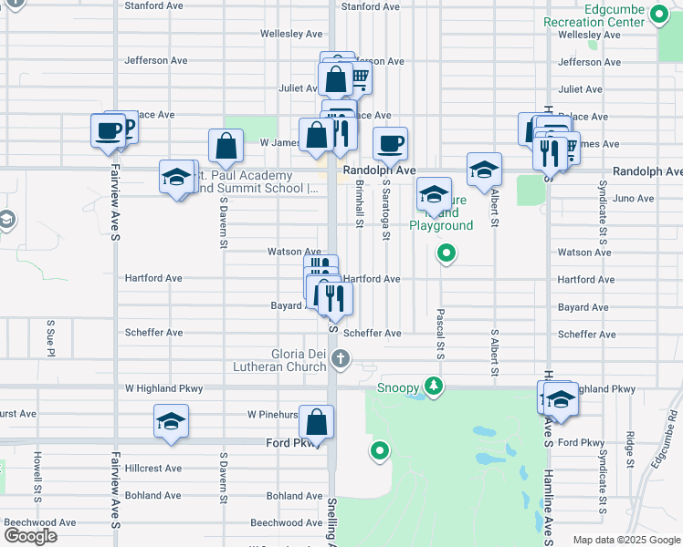 map of restaurants, bars, coffee shops, grocery stores, and more near 1573 Hartford Avenue in Saint Paul