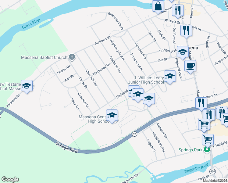 map of restaurants, bars, coffee shops, grocery stores, and more near 51 Windsor Road in Massena