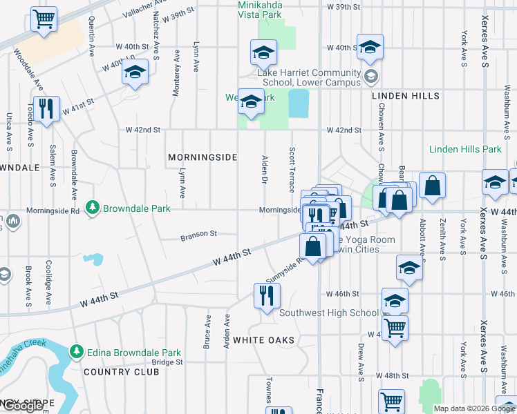 map of restaurants, bars, coffee shops, grocery stores, and more near 4248 Alden Drive in Minneapolis
