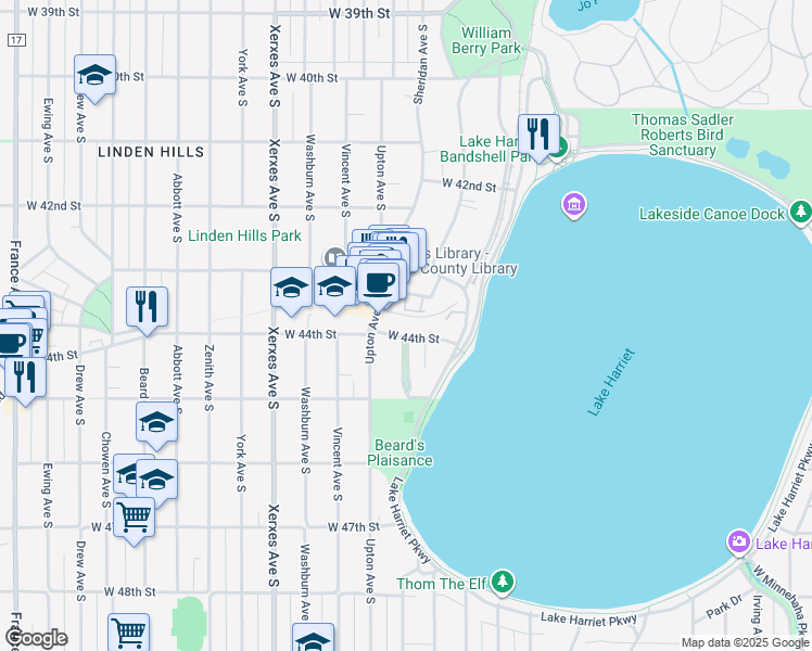 map of restaurants, bars, coffee shops, grocery stores, and more near 2700 West 44th Street in Minneapolis