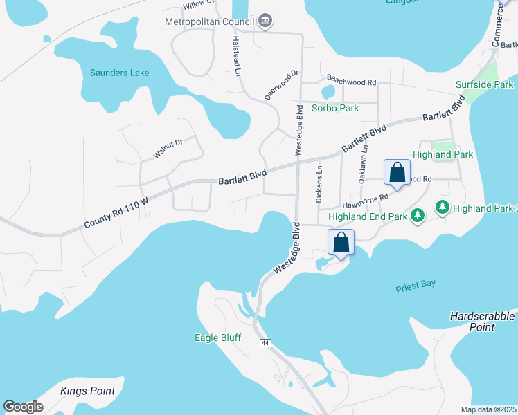 map of restaurants, bars, coffee shops, grocery stores, and more near 6311 Bayridge Road in Mound