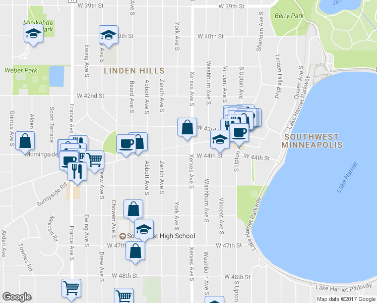 map of restaurants, bars, coffee shops, grocery stores, and more near 3114 West 44th Street in Minneapolis