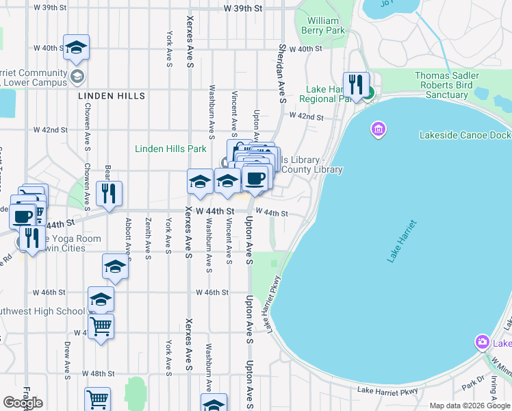 map of restaurants, bars, coffee shops, grocery stores, and more near 4353 Upton Avenue South in Minneapolis