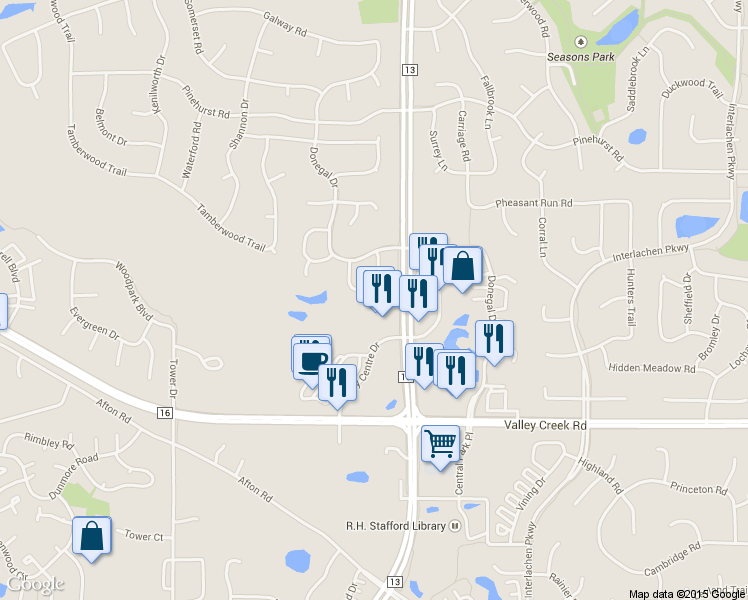 map of restaurants, bars, coffee shops, grocery stores, and more near 1716 Kerry Lane in Woodbury