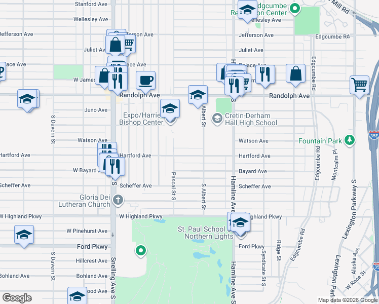 map of restaurants, bars, coffee shops, grocery stores, and more near 1425 Hartford Avenue in Saint Paul