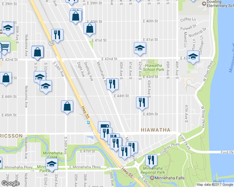 map of restaurants, bars, coffee shops, grocery stores, and more near 3924 East 44th Street in Minneapolis