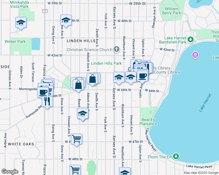 map of restaurants, bars, coffee shops, grocery stores, and more near 3114 West 44th Street in Minneapolis