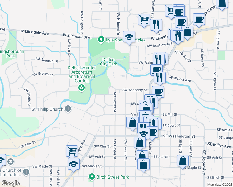 map of restaurants, bars, coffee shops, grocery stores, and more near 622 Southwest Hayter Street in Dallas