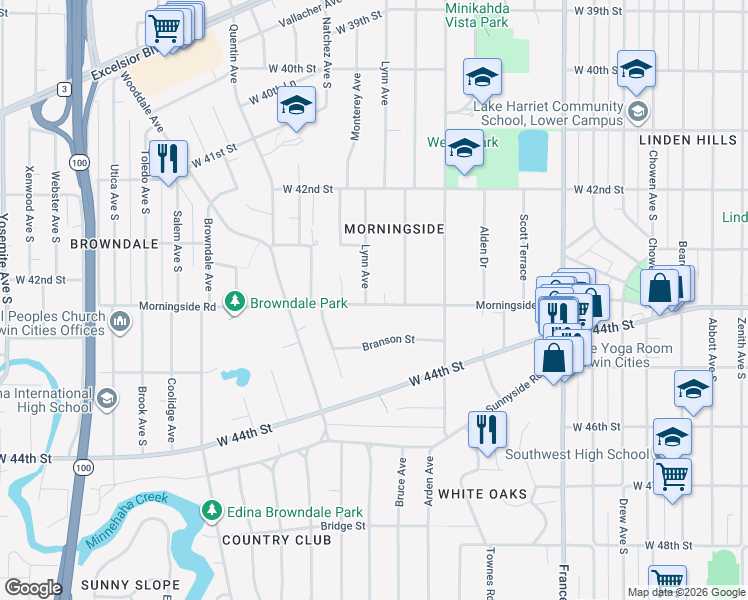 map of restaurants, bars, coffee shops, grocery stores, and more near 4350 Morningside Road in Minneapolis