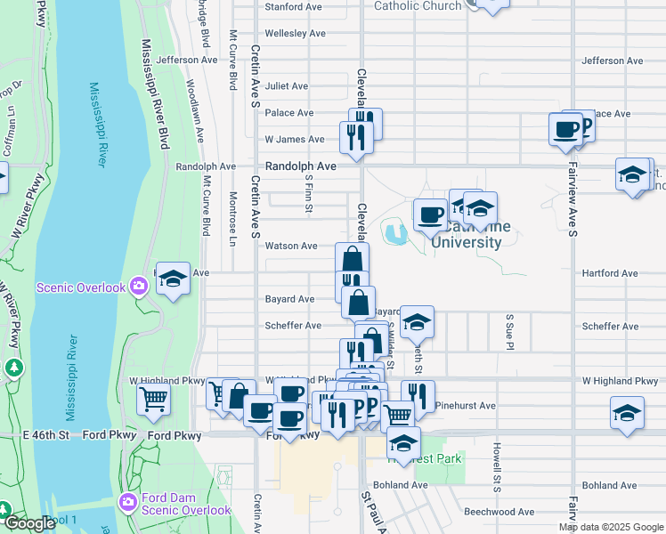 map of restaurants, bars, coffee shops, grocery stores, and more near 2099 Hartford Avenue in Saint Paul
