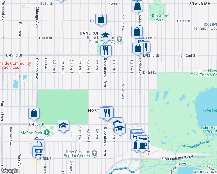 map of restaurants, bars, coffee shops, grocery stores, and more near 4351 Bloomington Avenue in Minneapolis