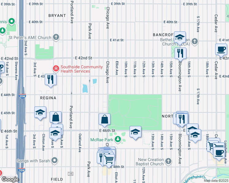 map of restaurants, bars, coffee shops, grocery stores, and more near 4353 Elliot Avenue in Minneapolis