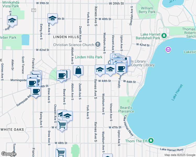 map of restaurants, bars, coffee shops, grocery stores, and more near 3006 West 44th Street in Minneapolis