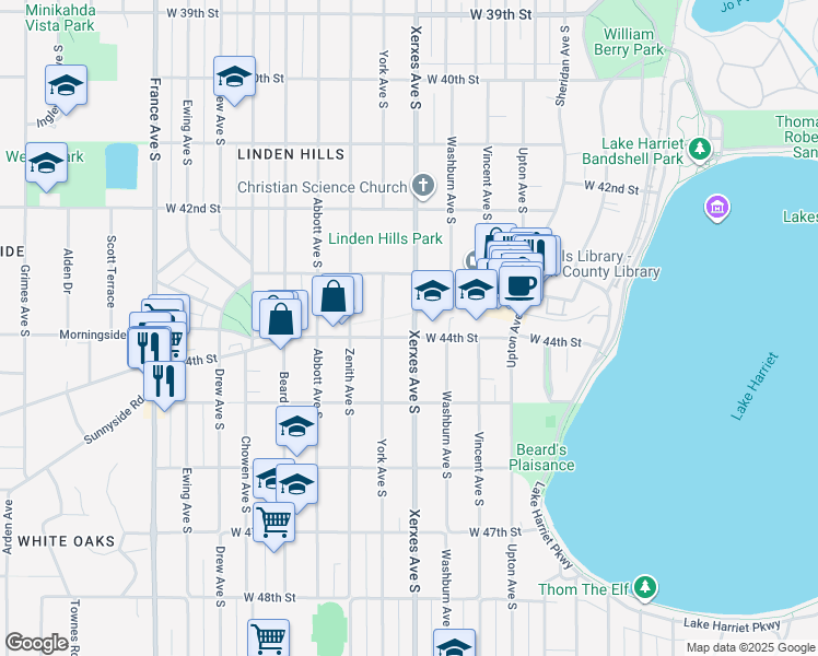 map of restaurants, bars, coffee shops, grocery stores, and more near 3114 West 44th Street in Minneapolis