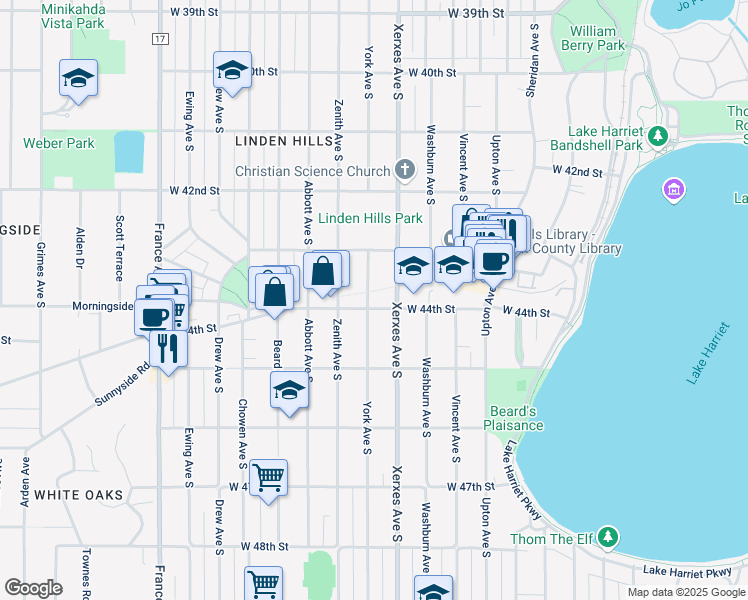 map of restaurants, bars, coffee shops, grocery stores, and more near 3114 West 44th Street in Minneapolis