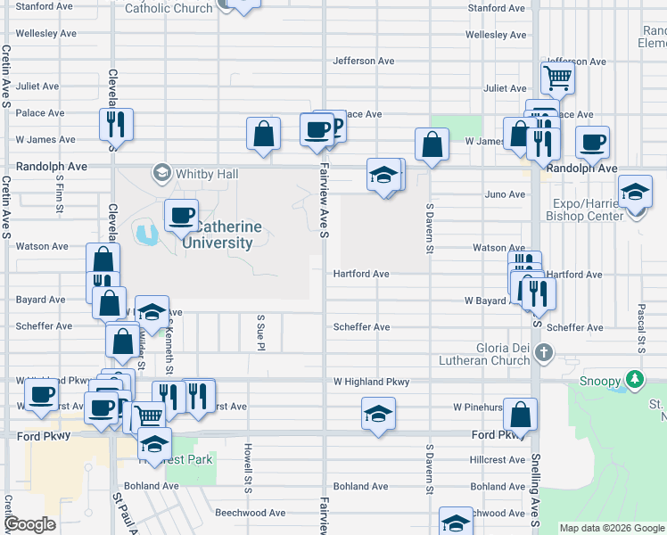 map of restaurants, bars, coffee shops, grocery stores, and more near 600 Fairview Avenue South in Saint Paul
