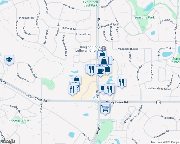 map of restaurants, bars, coffee shops, grocery stores, and more near 1716 Kerry Lane in Woodbury