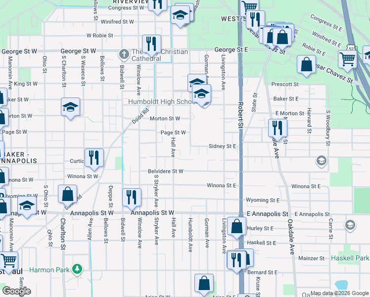 map of restaurants, bars, coffee shops, grocery stores, and more near 749 Humboldt Avenue in Saint Paul