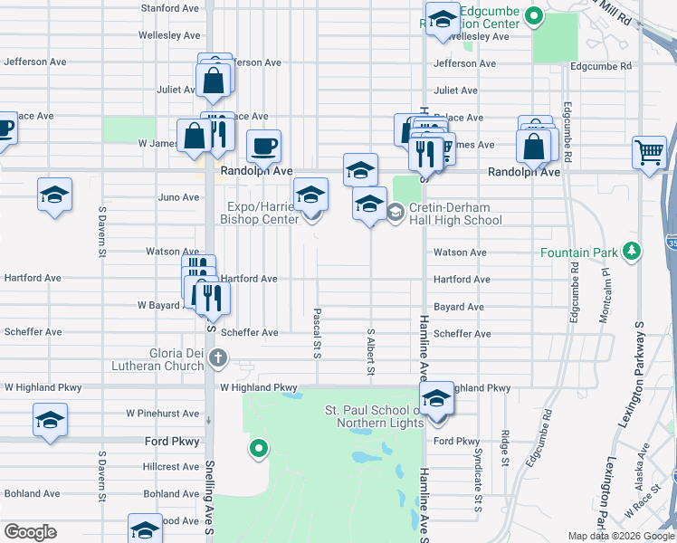 map of restaurants, bars, coffee shops, grocery stores, and more near 1425 Hartford Avenue in Saint Paul