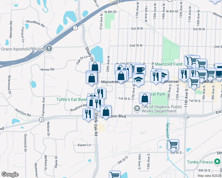 map of restaurants, bars, coffee shops, grocery stores, and more near 1924 Mainstreet in Hopkins