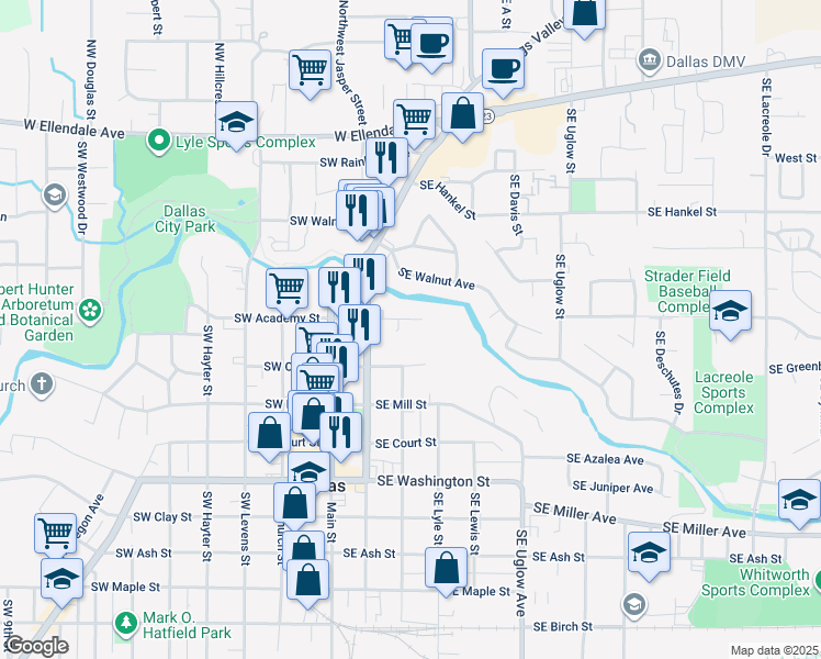 map of restaurants, bars, coffee shops, grocery stores, and more near 265 Southeast Academy Street in Dallas