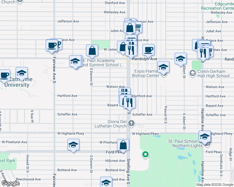 map of restaurants, bars, coffee shops, grocery stores, and more near 1601 Hartford Avenue in Saint Paul