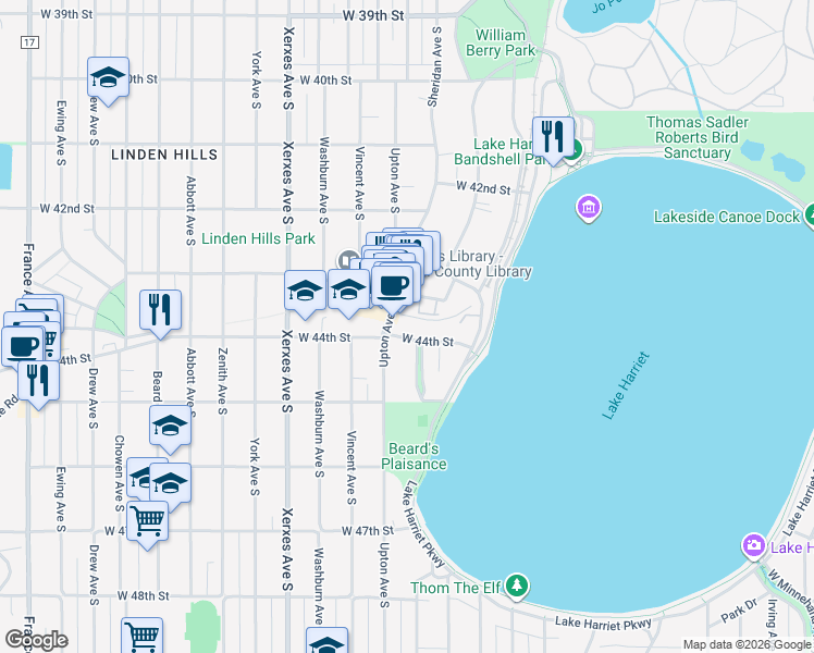 map of restaurants, bars, coffee shops, grocery stores, and more near 2712 West 44th Street in Minneapolis
