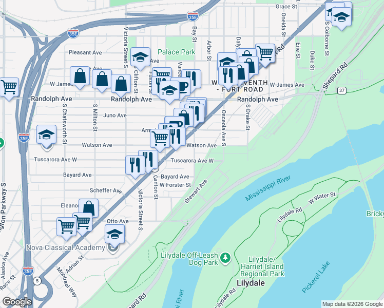 map of restaurants, bars, coffee shops, grocery stores, and more near 729 Tuscarora Avenue West in Saint Paul