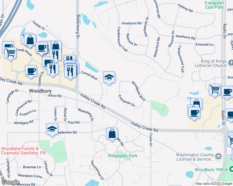 map of restaurants, bars, coffee shops, grocery stores, and more near 1716 Evergreen Drive in Woodbury