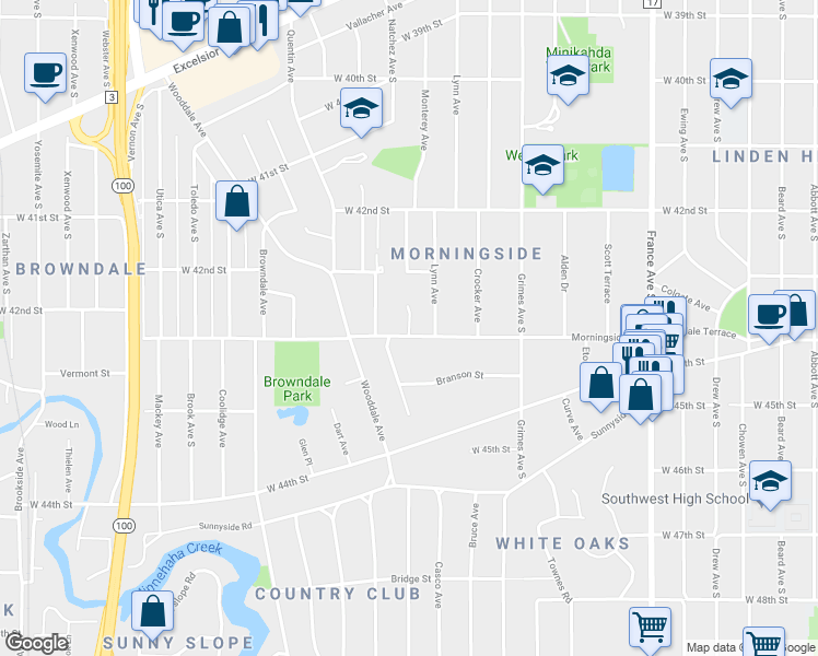 map of restaurants, bars, coffee shops, grocery stores, and more near 4248 Sidell Trail in Edina