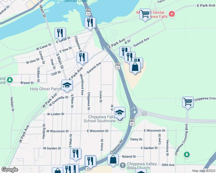 map of restaurants, bars, coffee shops, grocery stores, and more near 321 Lafayette Street in Chippewa Falls