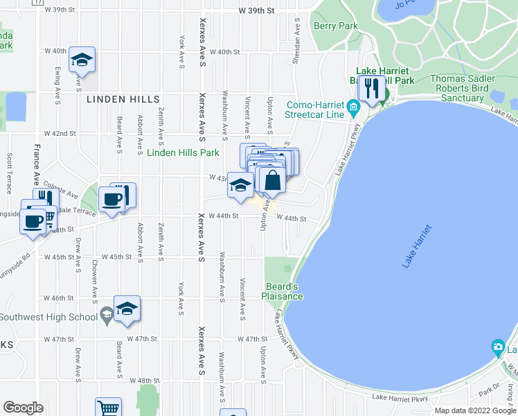 map of restaurants, bars, coffee shops, grocery stores, and more near 4321 Upton Avenue South in Minneapolis