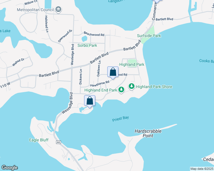 map of restaurants, bars, coffee shops, grocery stores, and more near 5949 Hawthorne Road in Mound