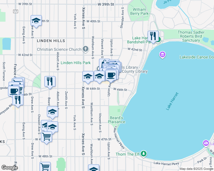 map of restaurants, bars, coffee shops, grocery stores, and more near 2800 West 44th Street in Minneapolis