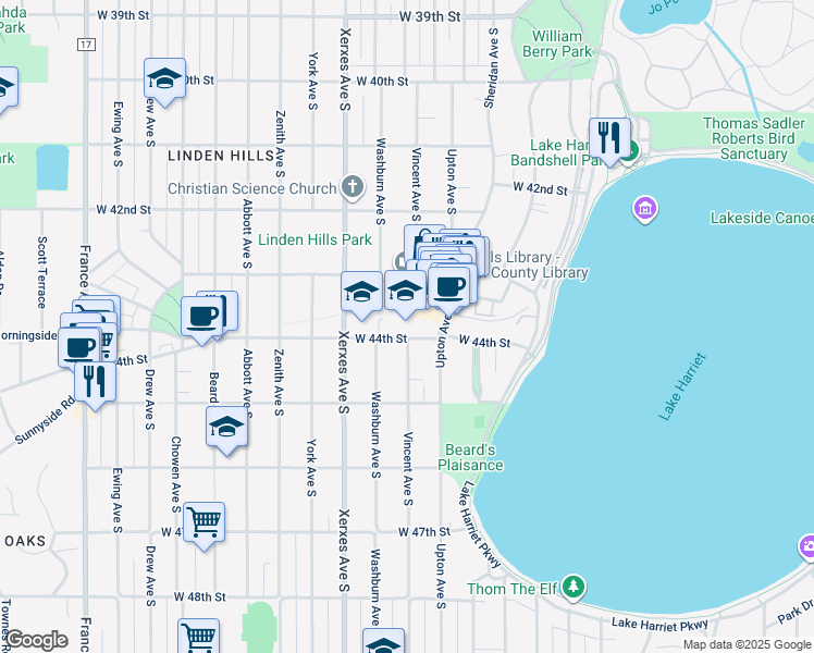 map of restaurants, bars, coffee shops, grocery stores, and more near 2900 West 44th Street in Minneapolis