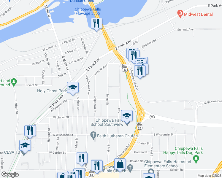 map of restaurants, bars, coffee shops, grocery stores, and more near 321 Lafayette Street in Chippewa Falls