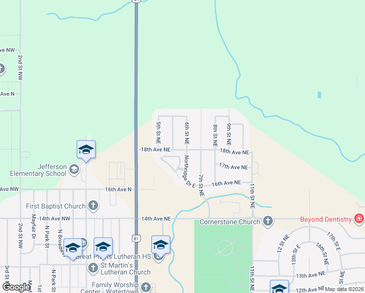 map of restaurants, bars, coffee shops, grocery stores, and more near 535 18th Avenue Northeast in Watertown