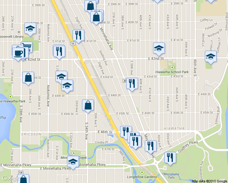 map of restaurants, bars, coffee shops, grocery stores, and more near 4360 Snelling Avenue in Minneapolis