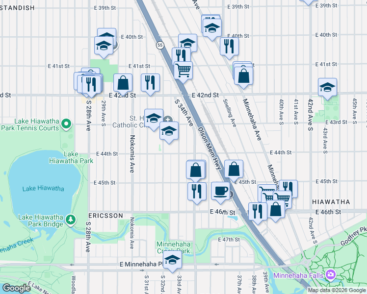 map of restaurants, bars, coffee shops, grocery stores, and more near 4352 South 34th Avenue in Minneapolis