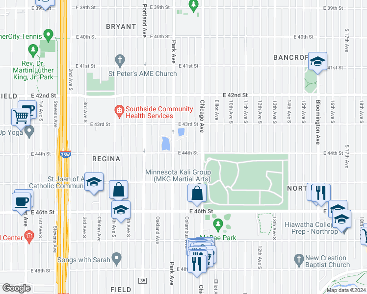 map of restaurants, bars, coffee shops, grocery stores, and more near 4352 Columbus Avenue South in Minneapolis