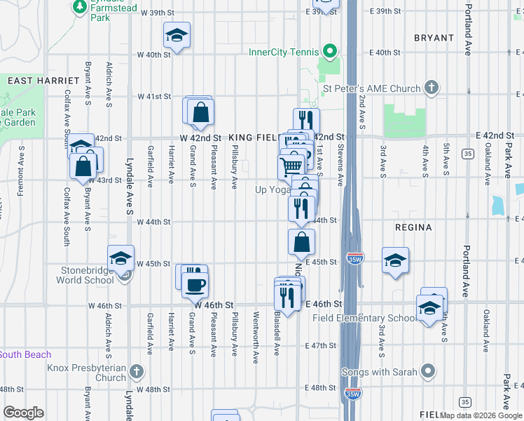 map of restaurants, bars, coffee shops, grocery stores, and more near 118 West 44th Street in Minneapolis