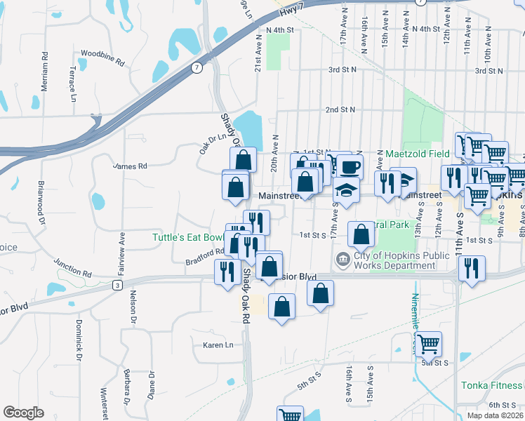 map of restaurants, bars, coffee shops, grocery stores, and more near 2084 Mainstreet in Hopkins