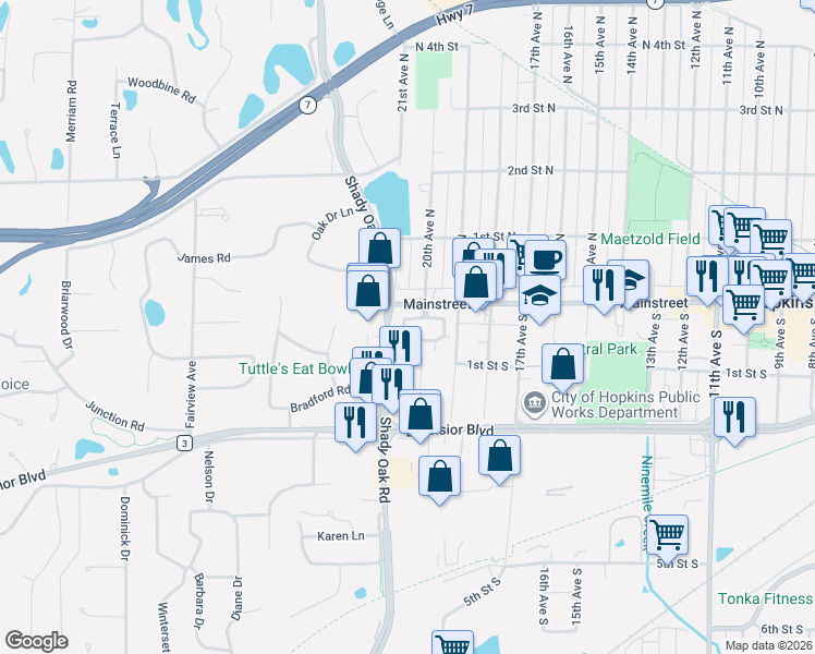map of restaurants, bars, coffee shops, grocery stores, and more near 2084 Mainstreet in Hopkins