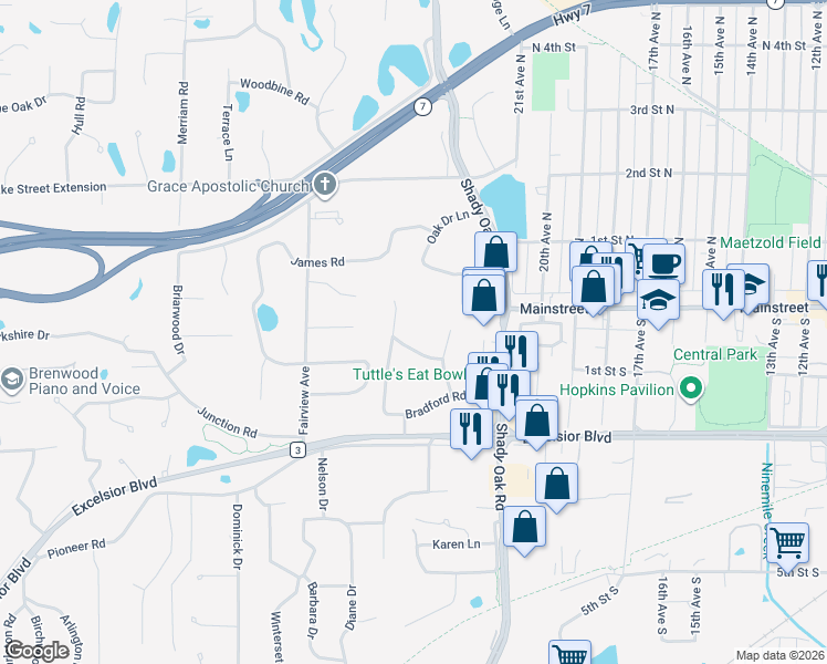 map of restaurants, bars, coffee shops, grocery stores, and more near 11832 Crawford Road West in Hopkins
