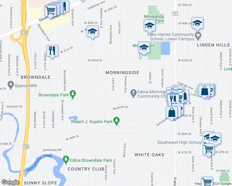 map of restaurants, bars, coffee shops, grocery stores, and more near 4350 Morningside Road in Minneapolis